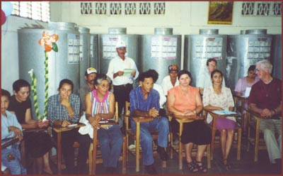 meeting room, with millet silos in the back